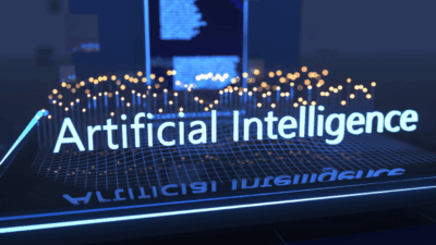 Gráfico tridimensional e Artificial Intelligence escrito em um display neon.