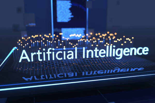 Gráfico tridimensional e Artificial Intelligence escrito em um display neon.